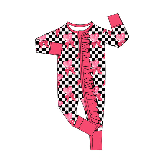 MOQ 8 Preorder LR2651 Valentine's Day Love Bows Plaid Ruffle Zipper Long Sleeve Girls Romper 202509