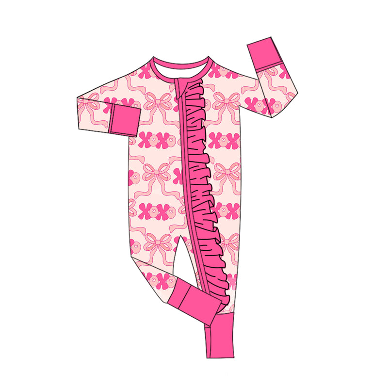 MOQ 8 Preorder LR2653 Valentine's Day xoxo Bows Ruffle Zipper Long Sleeve Girls Romper 202509