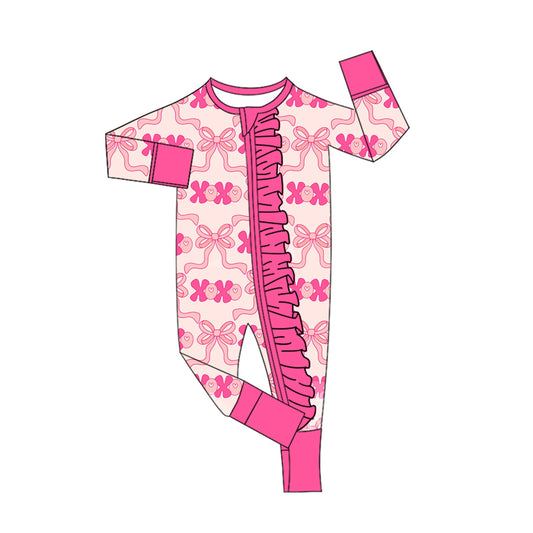 MOQ 8 Preorder LR2653 Valentine's Day xoxo Bows Ruffle Zipper Long Sleeve Girls Romper 202509