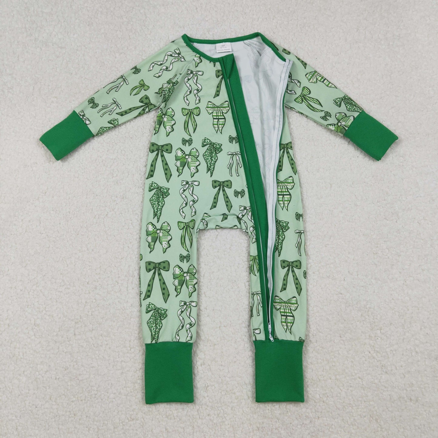 LR2654 Valentine's Day Bows Green Zipper Long Sleeve Girls Romper 202509 RTS