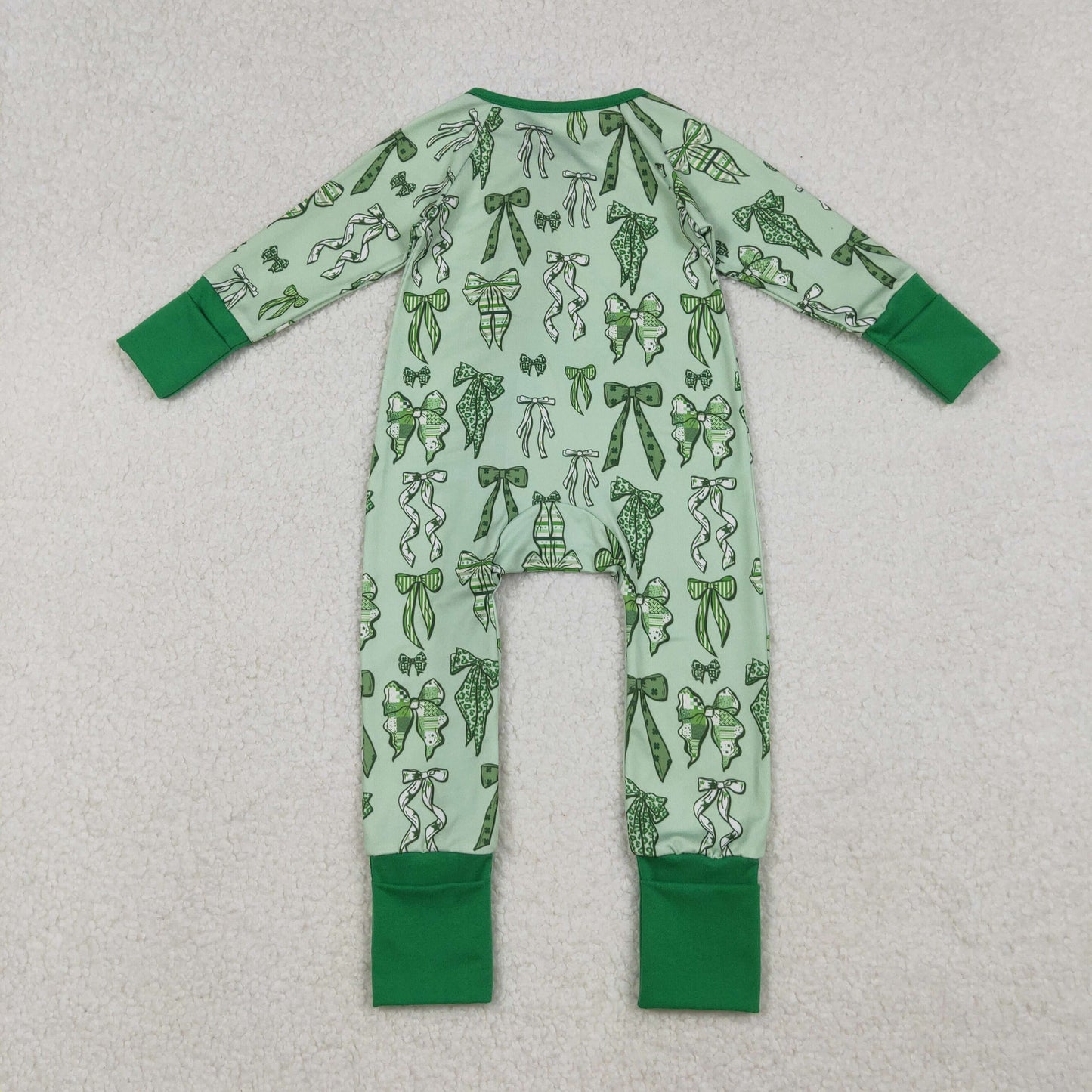 LR2654 Valentine's Day Bows Green Zipper Long Sleeve Girls Romper 202509 RTS