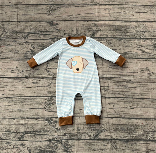 NO MOQ Preorder LR2659 Embroidered Valentine's Day Cute Puppy Stripe Long Sleeve Boys Romper 202511 Sibling