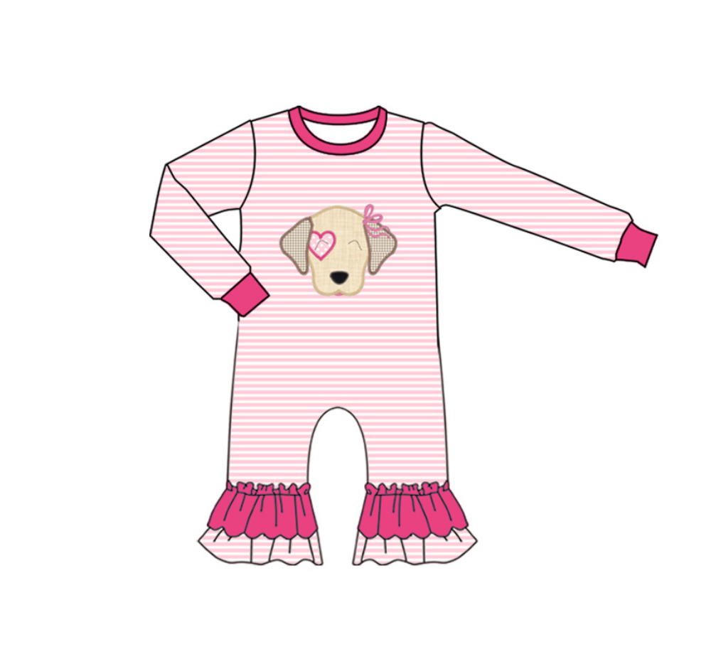 MOQ 8 Preorder LR2660 Valentine's Day Cute Puppy Stripe Riffle Long Sleeve Girls Romper 202509 Sibling
