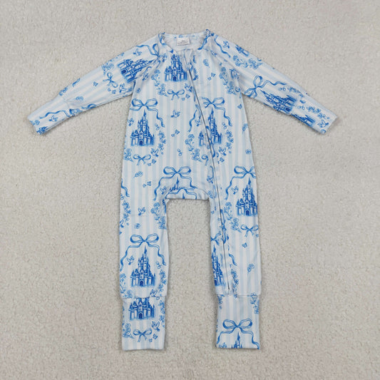 LR2661 Bows Castle Stripe Blue Zipper Long Sleeve Girls Romper 202511 RTS Sibling
