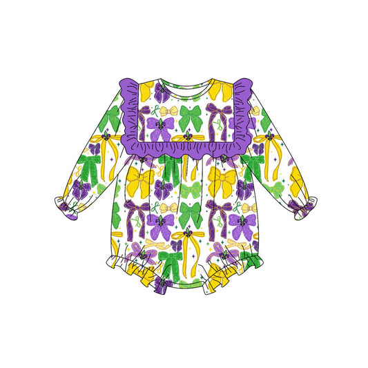 MOQ 8 Preorder LR2674 Mardi Gras Bows Purple Ruffle Long Sleeve Girls Bubble Romper 202509
