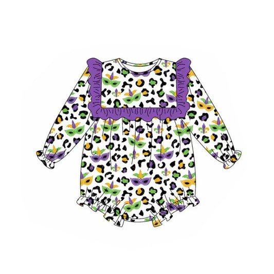 MOQ 8 Preorder LR2675 Mardi Gras Leopard Purple Ruffle Long Sleeve Girls Bubble Romper 202509