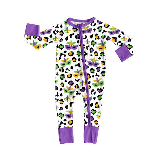 MOQ 8 Preorder LR2676 Mardi Gras Leopard Purple Zipper Long Sleeve Girls Romper 202509