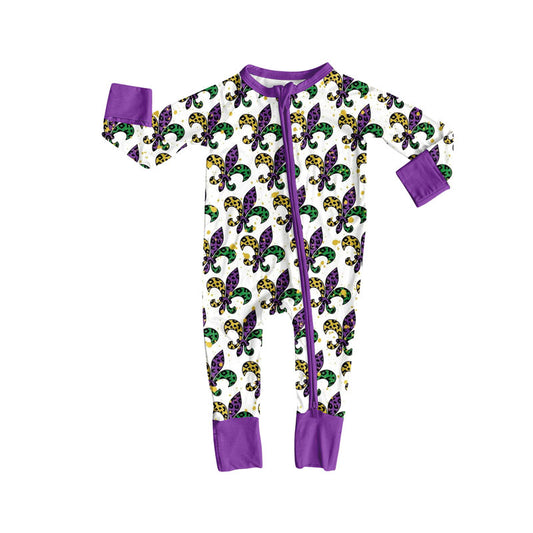 MOQ 8 Preorder LR2677 Mardi Gras  Purple Zipper Long Sleeve Girls Romper 202509