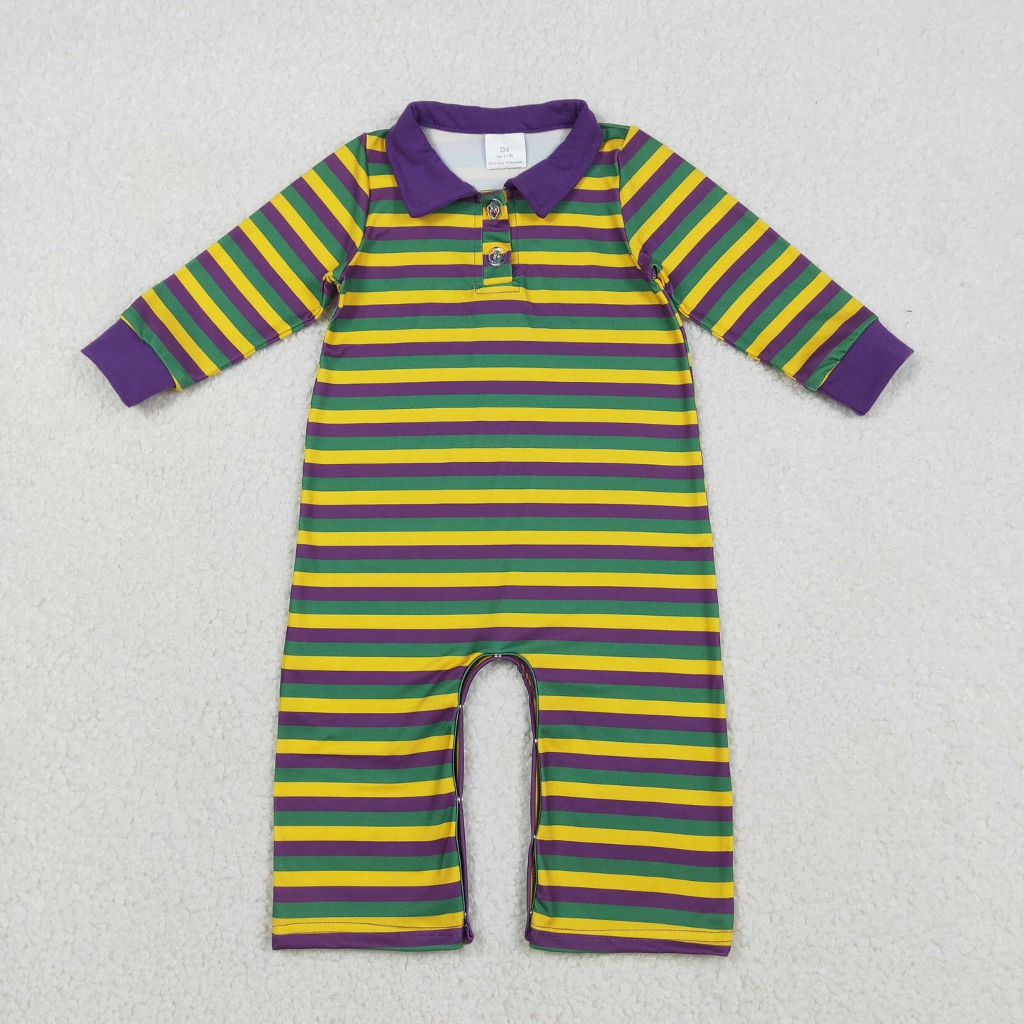 LR2679 Mardi Gras Purple Stripe Polo Long Sleeve Boys Romper 202512 RTS