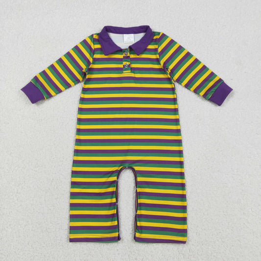 LR2679 Mardi Gras Purple Stripe Polo Long Sleeve Boys Romper 202512 RTS