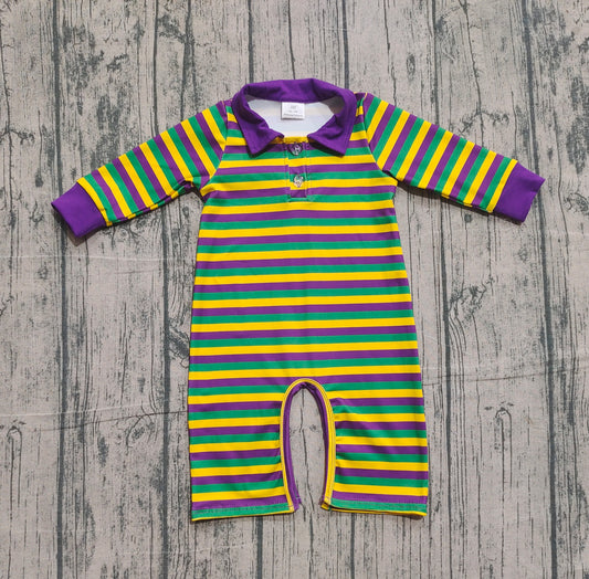 NO MOQ Preorder LR2679 Mardi Gras Purple Stripe Polo Long Sleeve Boys Romper 202511