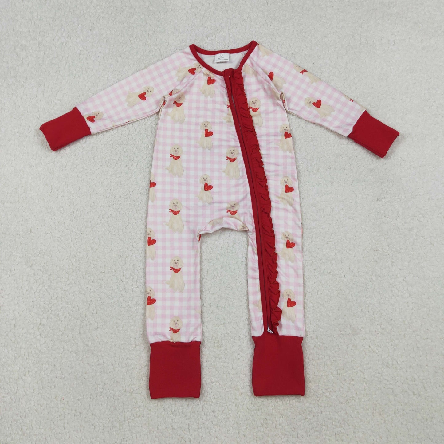 LR2681 Valentine's Day Puppy Love Pattern Red Ruffle Zipper Long Sleeve Girls Romper 202510 RTS