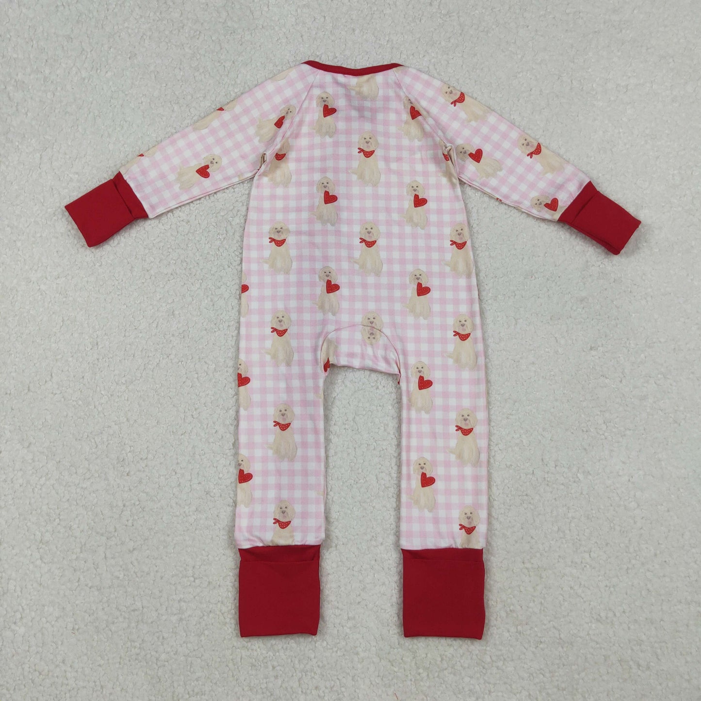 LR2681 Valentine's Day Puppy Love Pattern Red Ruffle Zipper Long Sleeve Girls Romper 202510 RTS