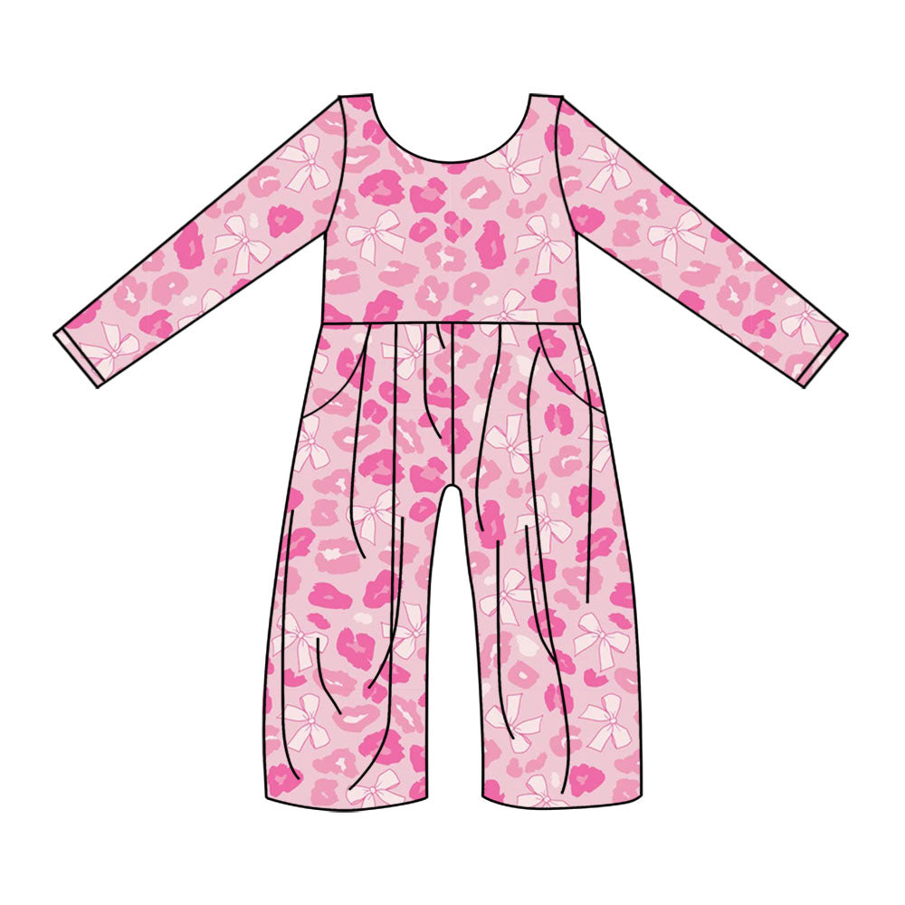 MOQ 8 Preorder LR2685 Valentine's Day Leopard Bows Pink Long Sleeve Girls Overalls Jumpsuits 202509