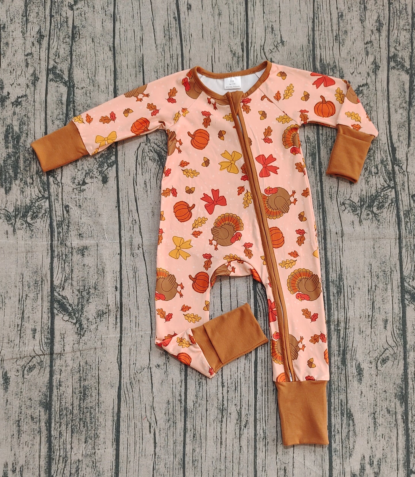 LR2689 Thanksgiving Turkey Pumpkin Orange Brown Zipper Long Sleeve Girls Romper 202510 RTS