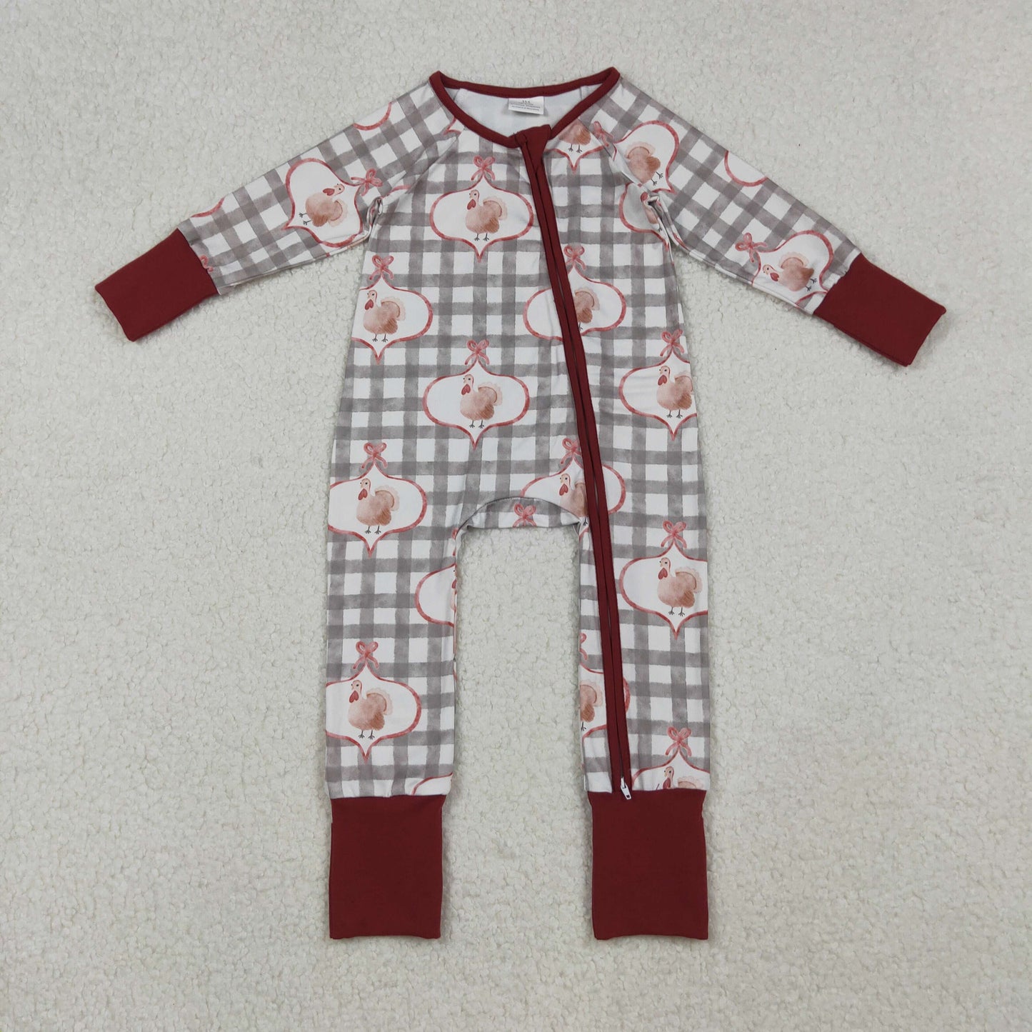 LR2691 Thanksgiving Turkey Plaid Zipper Long Sleeve Girls Romper 202510