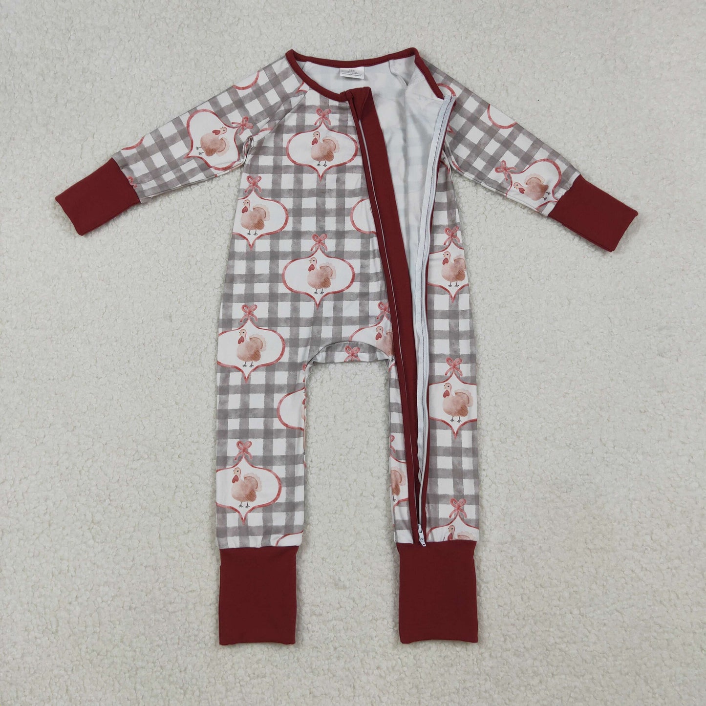 LR2691 Thanksgiving Turkey Plaid Zipper Long Sleeve Girls Romper 202510