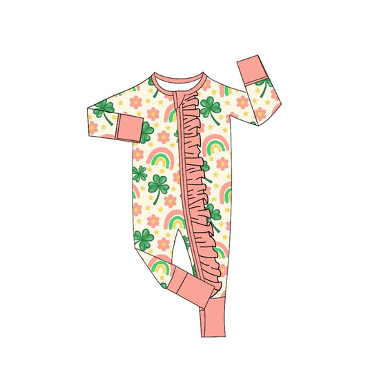 MOQ 8 Preorder LR2692 St. Patrick's Day Four-Leaf Clover Rainbow Flower Star Ruffle Zipper Long Sleeve Girls Romper 202509