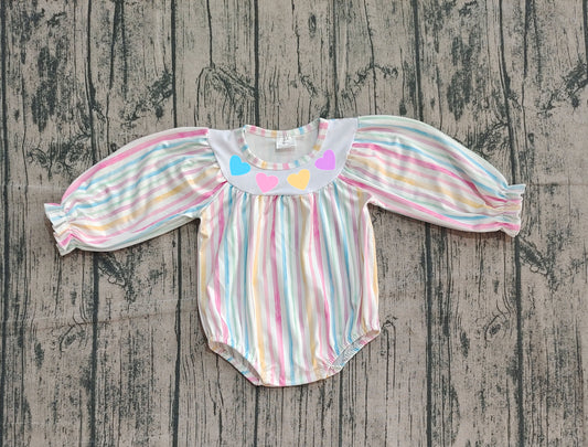 NO MOQ Preorder LR2695 Embroidered Valentine's Day Colored Stripe Love Long Sleeve Girls Bubble Romper 202510