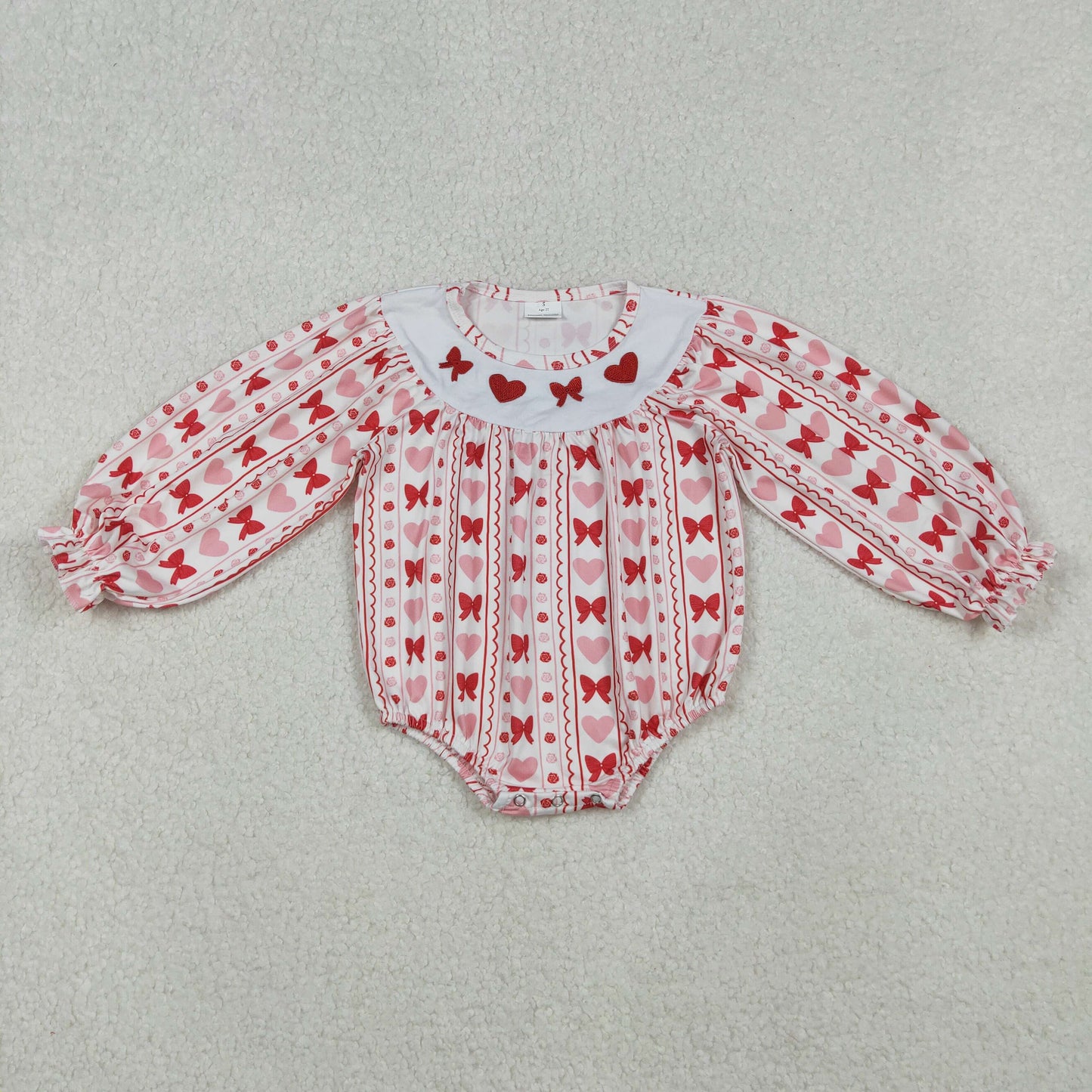 LR2696 Embroidered Valentine's Day Love Bows Flower Long Sleeve Girls Bubble Romper 202510 RTS
