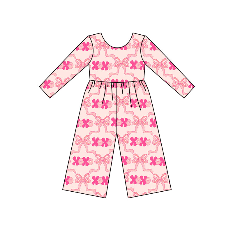 MOQ 8 preorder LR2700 Valentine’s Day Bows Love Pink Long Sleeve Girls Overalls Jumpsuit 202509