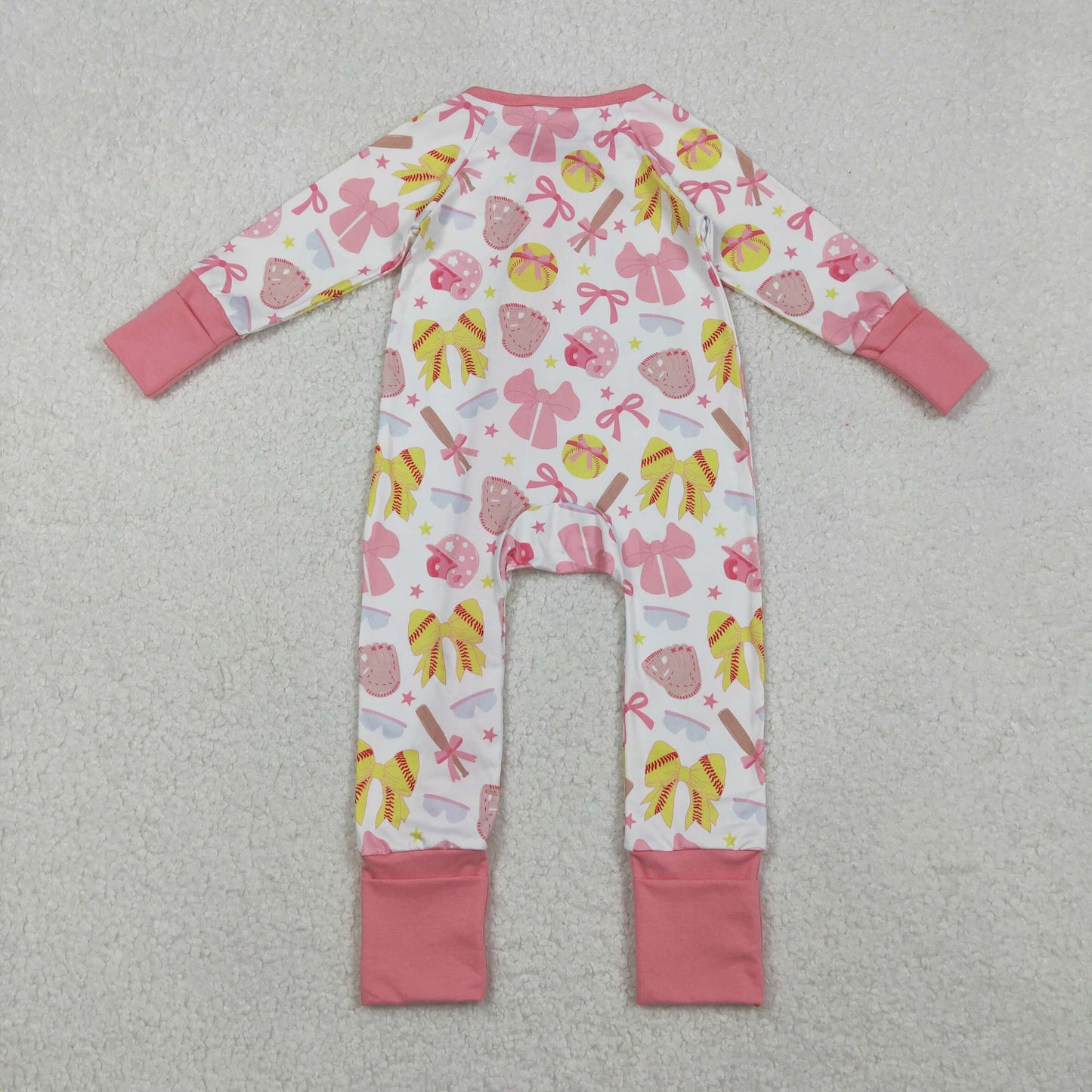 LR2705 Baseball Bows Pink Zipper Long Sleeve Girls Romper 202510 RTS