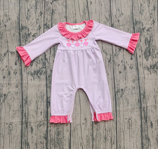 NO MOQ Preorder LR2706 Embroidered Valentine’s Day Stripe Love Pink Ruffle Long Sleeve Girls Romper 202509