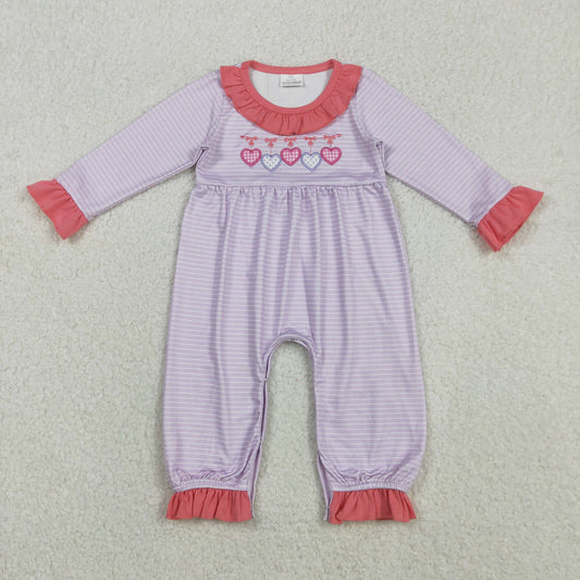 LR2706 Embroidered Valentine’s Day Stripe Love Pink Ruffle Long Sleeve Girls Romper 202511 RTS