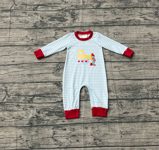 NO MOQ Preorder LR2708 Embroidered Valentine’s Day Love Truck Stripe Long Sleeve Boys Romper 202510