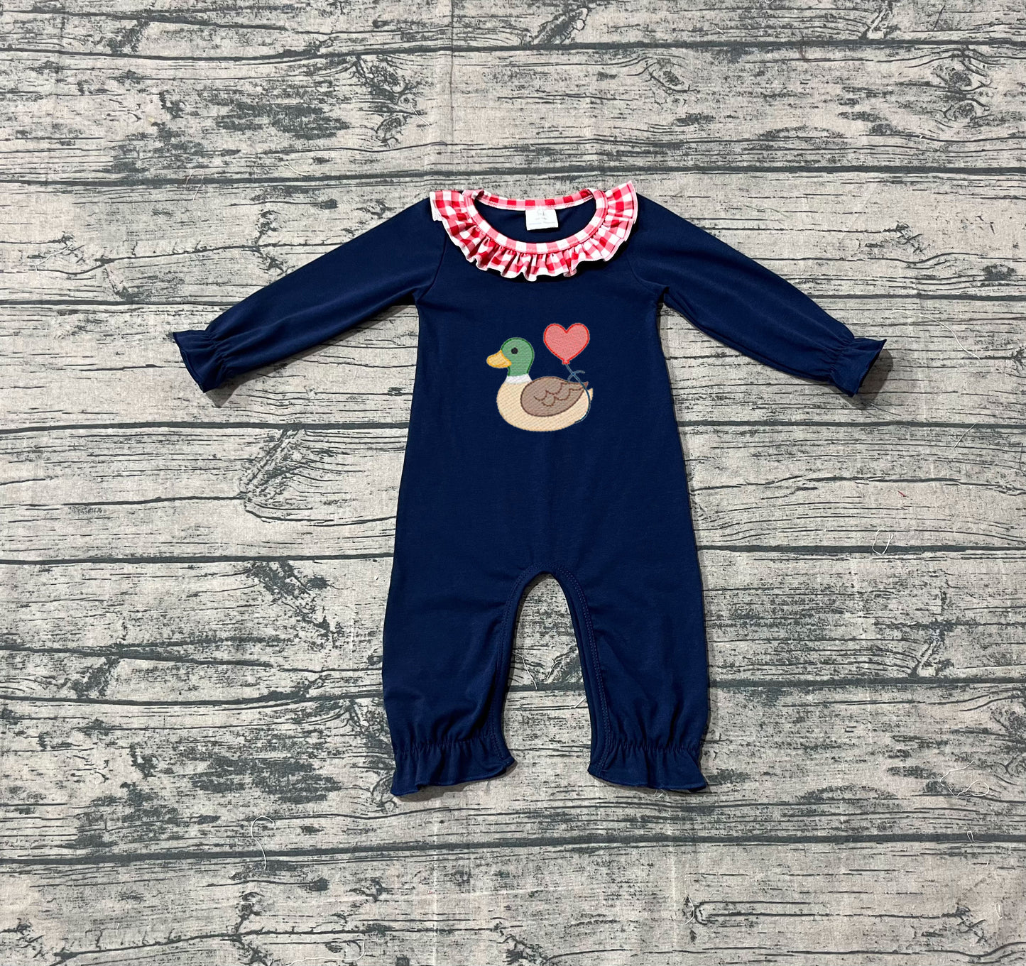 NO MOQ Preorder LR2720 Embroidered Valentine’s Day Duck Love Ruffle Navy Long Sleeve Girls Romper 202510 Sibling