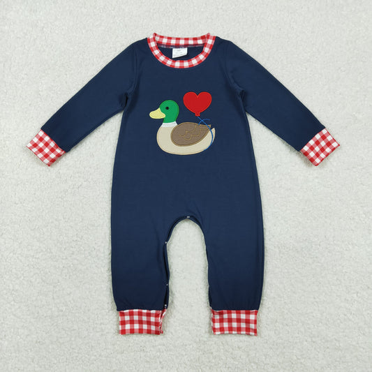 LR2721 Embroidered Valentine’s Day Duck Love Navy Long Sleeve Boys Romper 202511 RTS Sibling