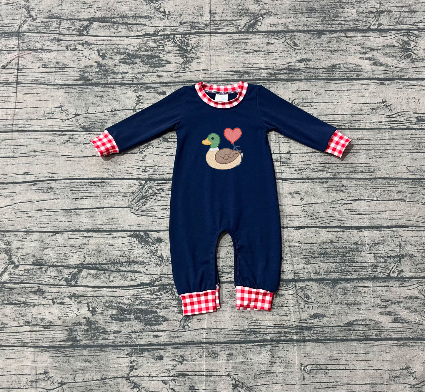 NO MOQ Preorder LR2721 Embroidered Valentine’s Day Duck Love Navy Long Sleeve Boys Romper 202510 Sibling