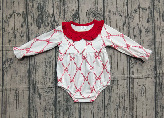 NO MOQ Preorder LR2725 Red Ruffle Doll Collar Bows Long Sleeve Girls Bubble Romper 202511