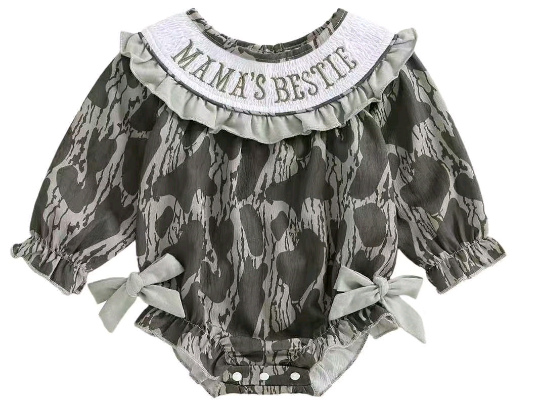 MOQ 8 Preorder LR2727 Mama's Bestie Camouflage Ruffle Long Sleeve Girls Bubble Romper 202509