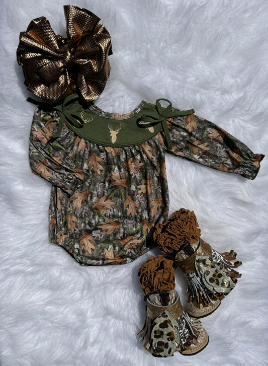 MOQ 8 Preorder LR2728 Cowgirl Deer Hunting Camouflage Long Sleeve Girls Bubble Romper 202509