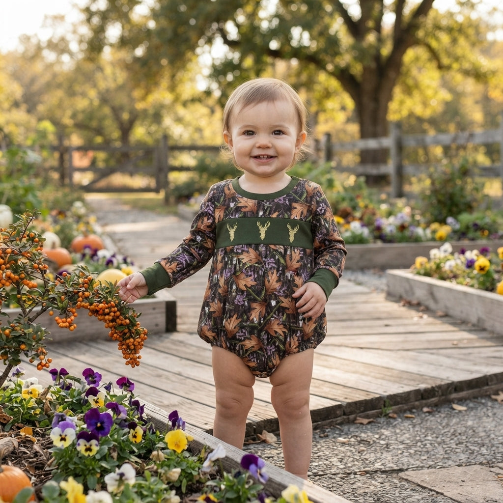 LR2729 Embroidery Hunting Elk Army Green Baby Boys Romper
