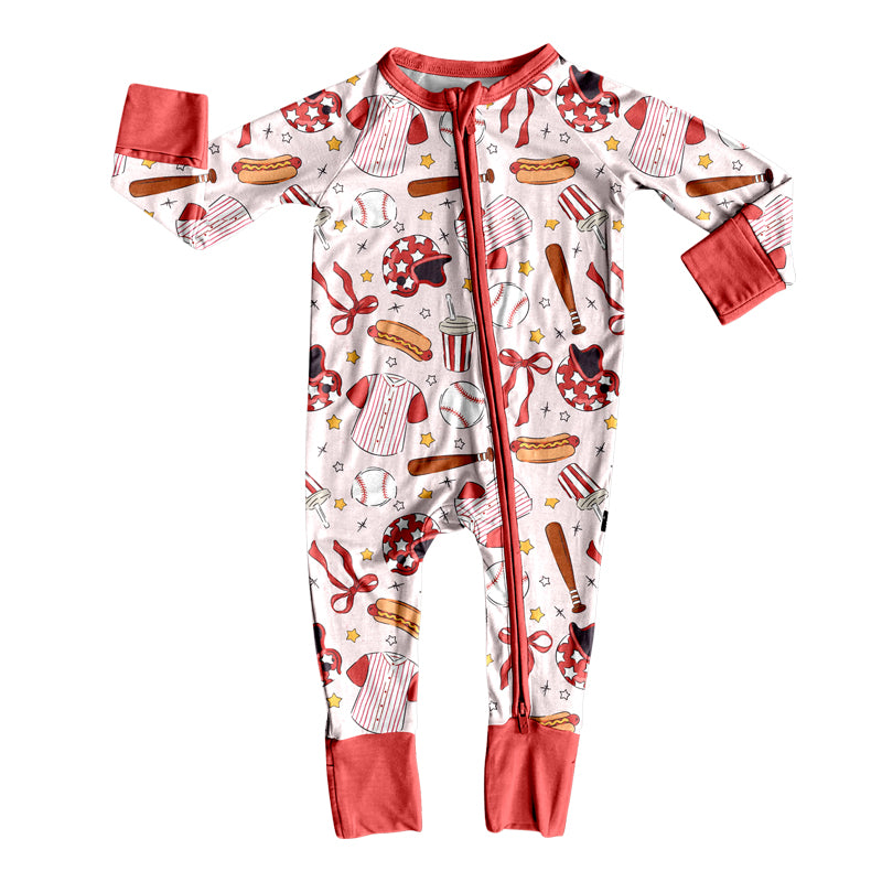 MOQ 8 Preorder LR2731 Baseball Bows Zipper Long Sleeve Girls Romper 202509