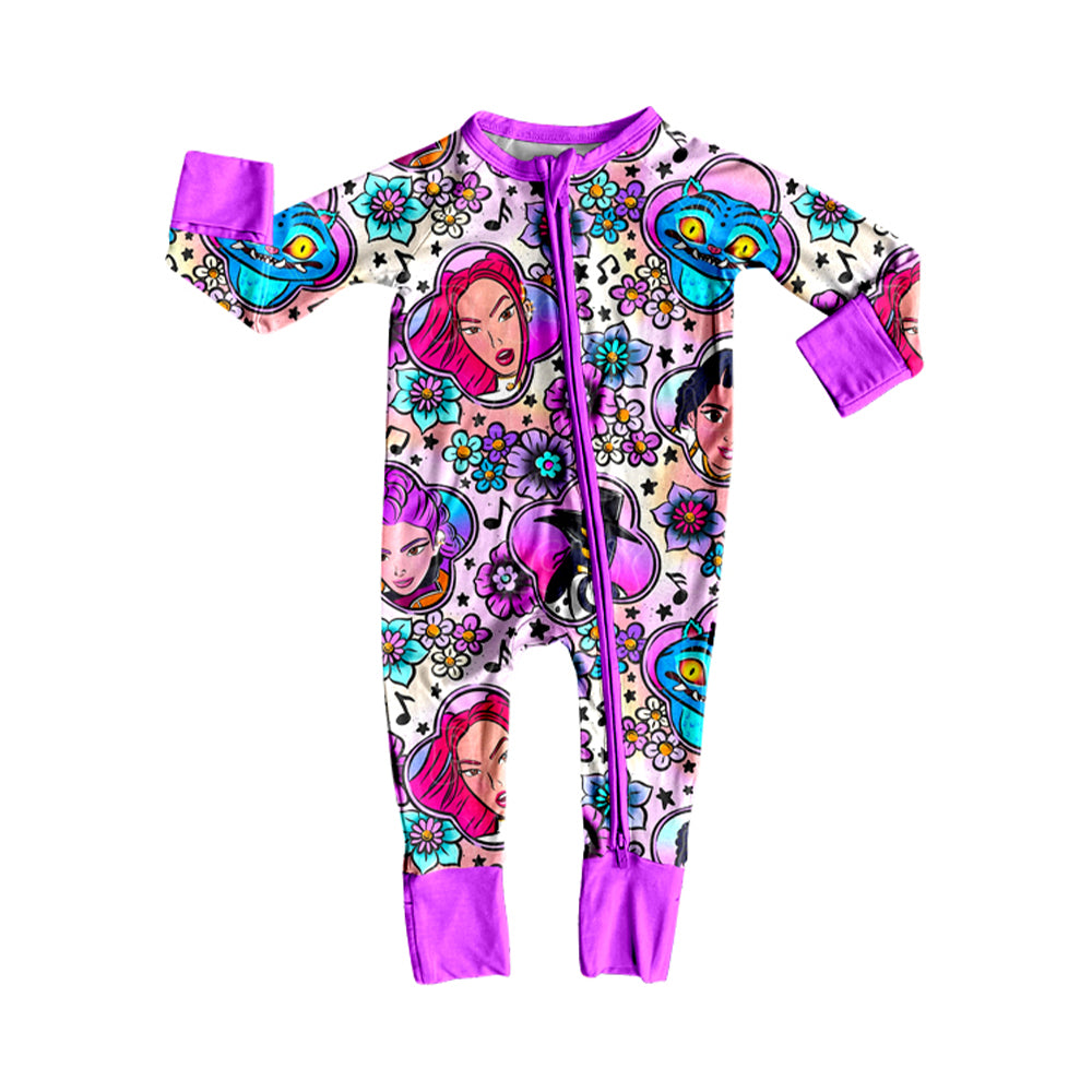 MOQ 8 Preorder LR2732 Cartoon K-pop Music Flower Purple Zipper Long Sleeve Girls Romper 202509