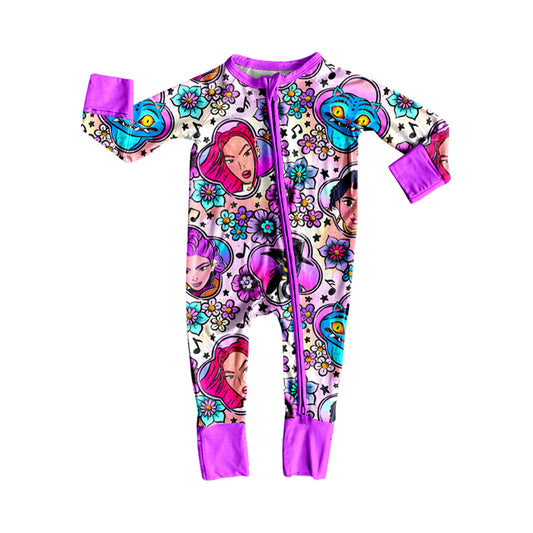 MOQ 8 Preorder LR2732 Cartoon K-pop Music Flower Purple Zipper Long Sleeve Girls Romper 202509