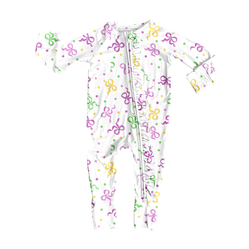 MOQ 8 Preorder LR2735 Mardi Gras Bows Dots White Ruffle Zipper Long Sleeve Girls Romper 202509