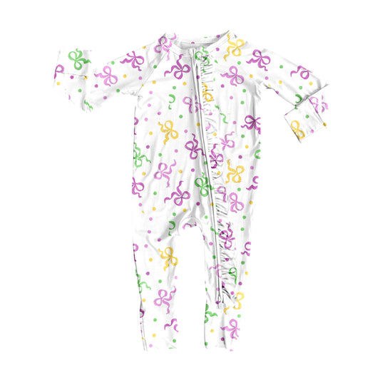 MOQ 8 Preorder LR2735 Mardi Gras Bows Dots White Ruffle Zipper Long Sleeve Girls Romper 202509