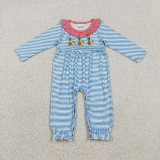 LR2738 Embroidered Ducks Bows Pink Ruffle Blue Stripe Long Sleeve Girls Romper 202511 RTS