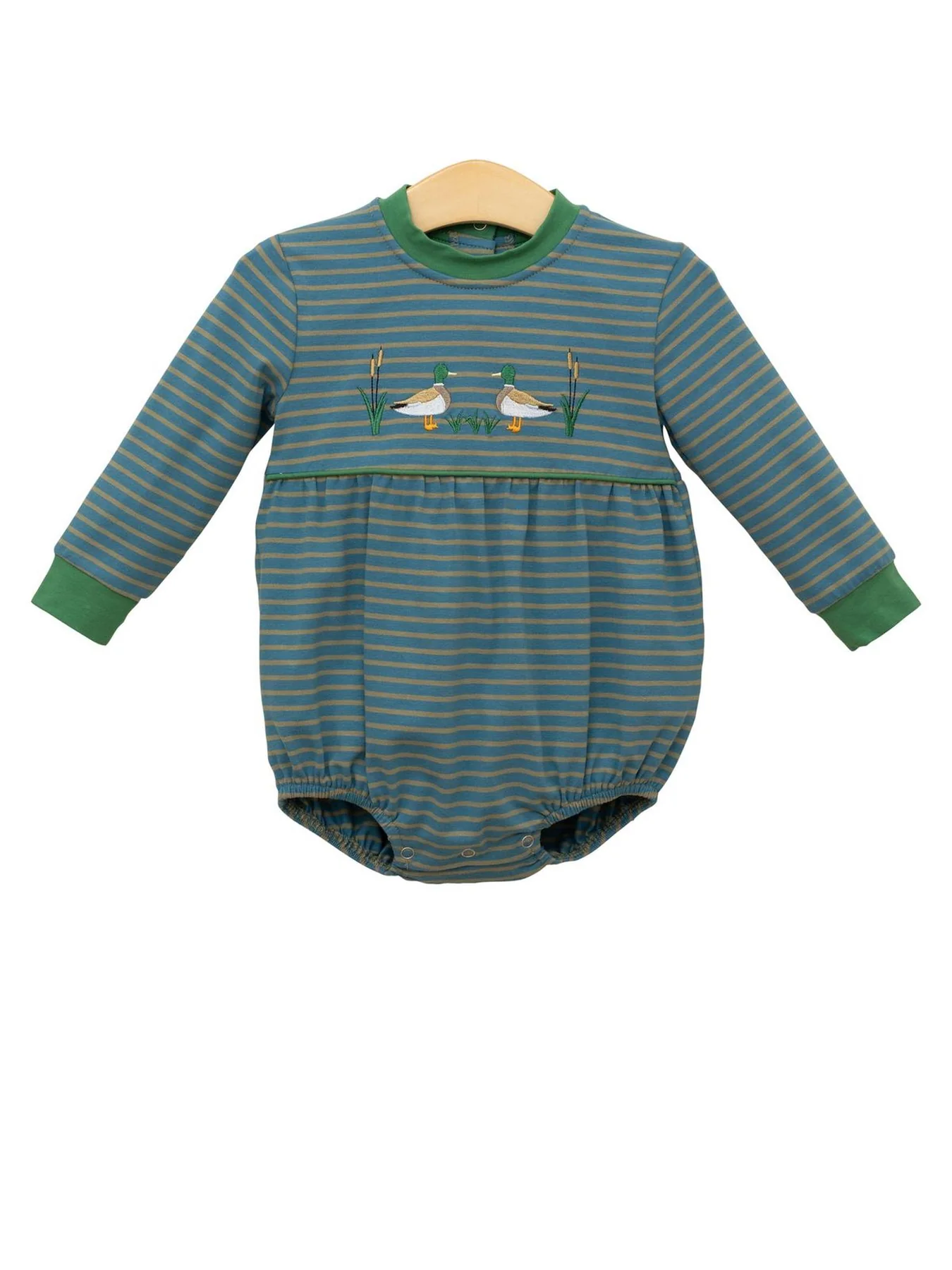 MOQ 8 Preorder LR2739 Ducks Dark Green Stripe Long Sleeve Boys Bubble Romper 202509