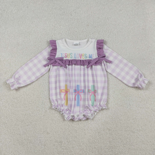 LR2740 Jesus Love Me Easter Cross Purple Plaid Ruffle Long Sleeve Girls Bubble Romper 202510 RTS