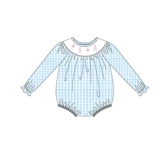 MOQ 8 Preorder LR2741 Ballet Shoes Blue and White Plaid Long-Sleeved Girls Bubble Romper 202509