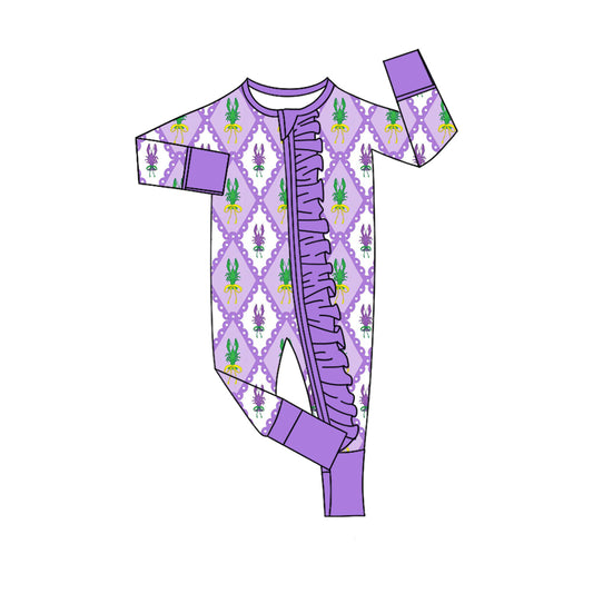 MOQ 8 Preorder LR2749 Mardi Gras Purple Ruffle Long-Sleeved Girls Romper 202510