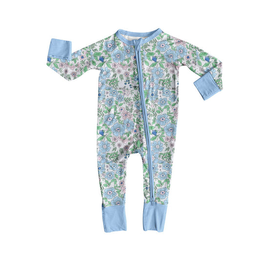 MOQ 8 Preorder LR2756 Flower Blue Zipper Long-Sleeved Girls Romper 202510 Sibling