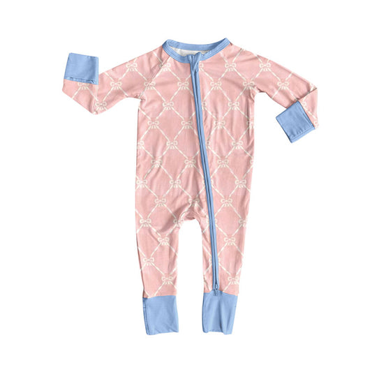 MOQ 8 Preorder LR2757 Bows Plaid Pink Blue Zipper Long-Sleeved Girls Romper 202510 Sibling