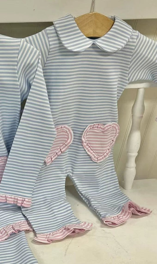 MOQ 8 Preorder LR2759 Valentine's Day Love Pink Blue Stripe Ruffle Doll Collar Long-Sleeved Girls Romper 202510