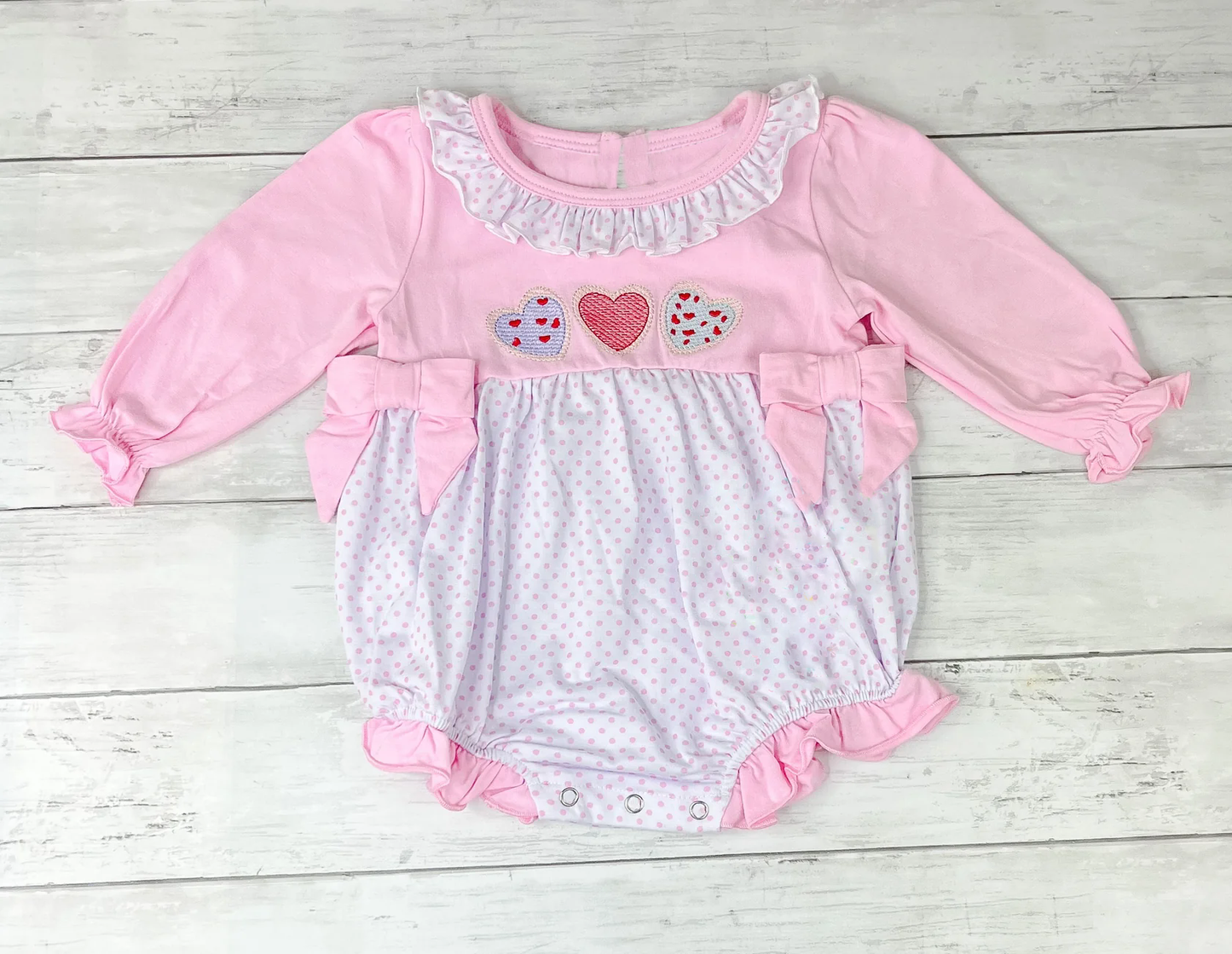MOQ 8 Preorder LR2766 Valentine's Day Love Dots Ruffle Pink Long-Sleeved Girls Bubble Romper 202510